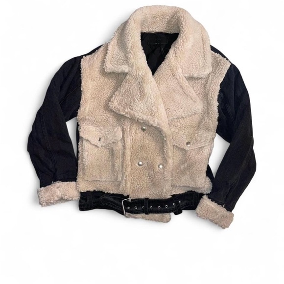 Blank NYC Ivory black faux fur jacket denim M Double breasted belted hem NWT - Picture 2 of 7